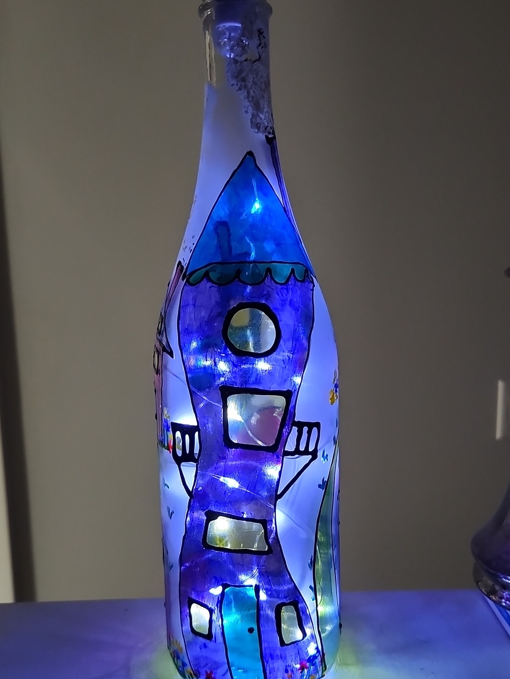 Hand-Painted Blue Glass Rocket Bottle Lamp - Home Art